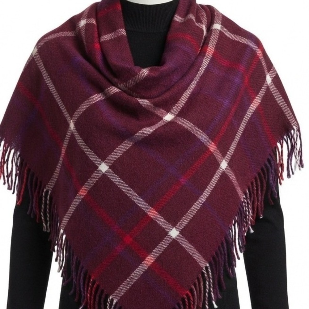 Steve Madden Bordeaux Fringe Plaid Blanket Scarf Burgundy Red Square Wrap NWT - Picture 2 of 10